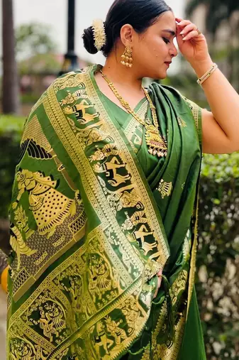 Dark green silk blend woven zari work saree with blouse