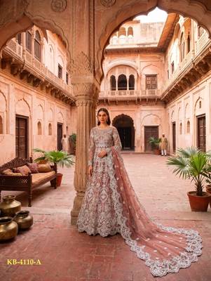 Peach net anarkali suit with embroidered diamond  2