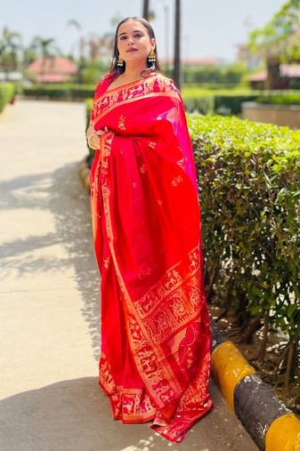 Pink silk blend woven zari work saree with blouse
