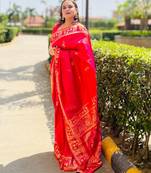 Pink silk blend woven zari work saree with blouse