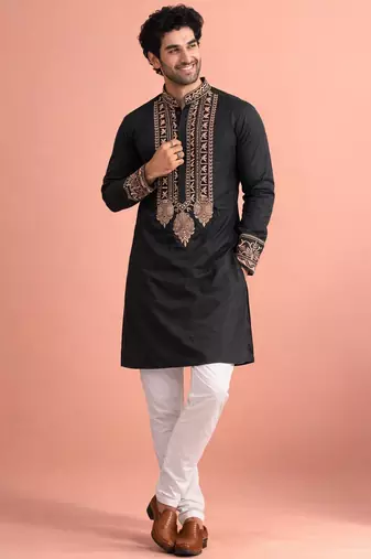 Black color rolex silk fabric designer kurta payjama for men