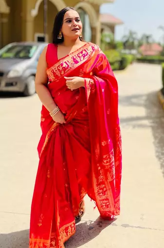 Pink silk blend woven zari work saree with blouse