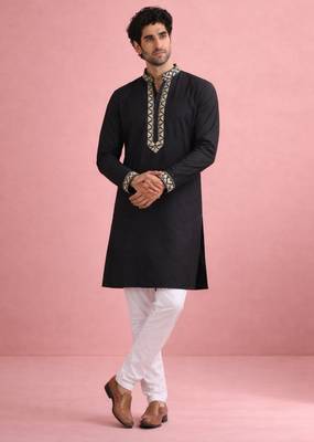 Black color rolex silk fabric designer kurta payjama for men 1