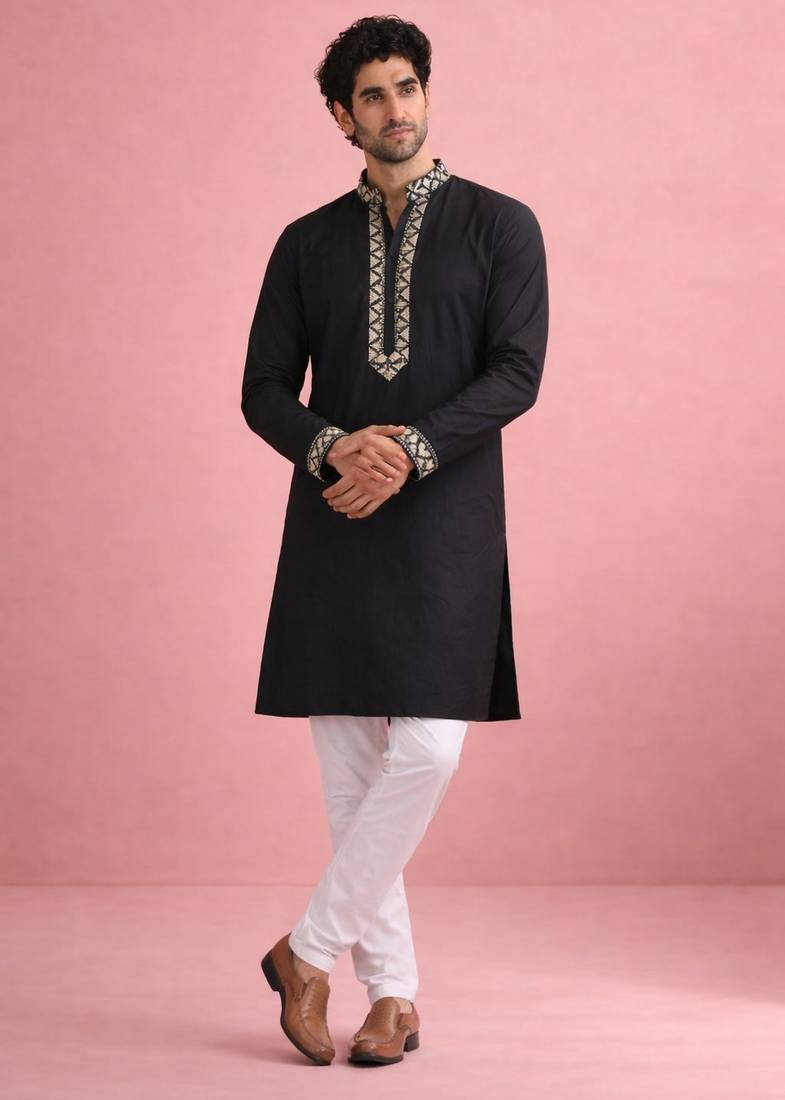 Black color rolex silk fabric designer kurta payjama for men