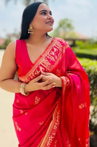 Pink silk blend woven zari work saree with blouse