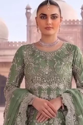 Green net semi stitched anarkali suit with embroidery & diamond work
