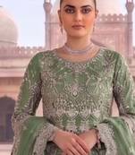 Green net semi stitched anarkali suit with embroidery & diamond work