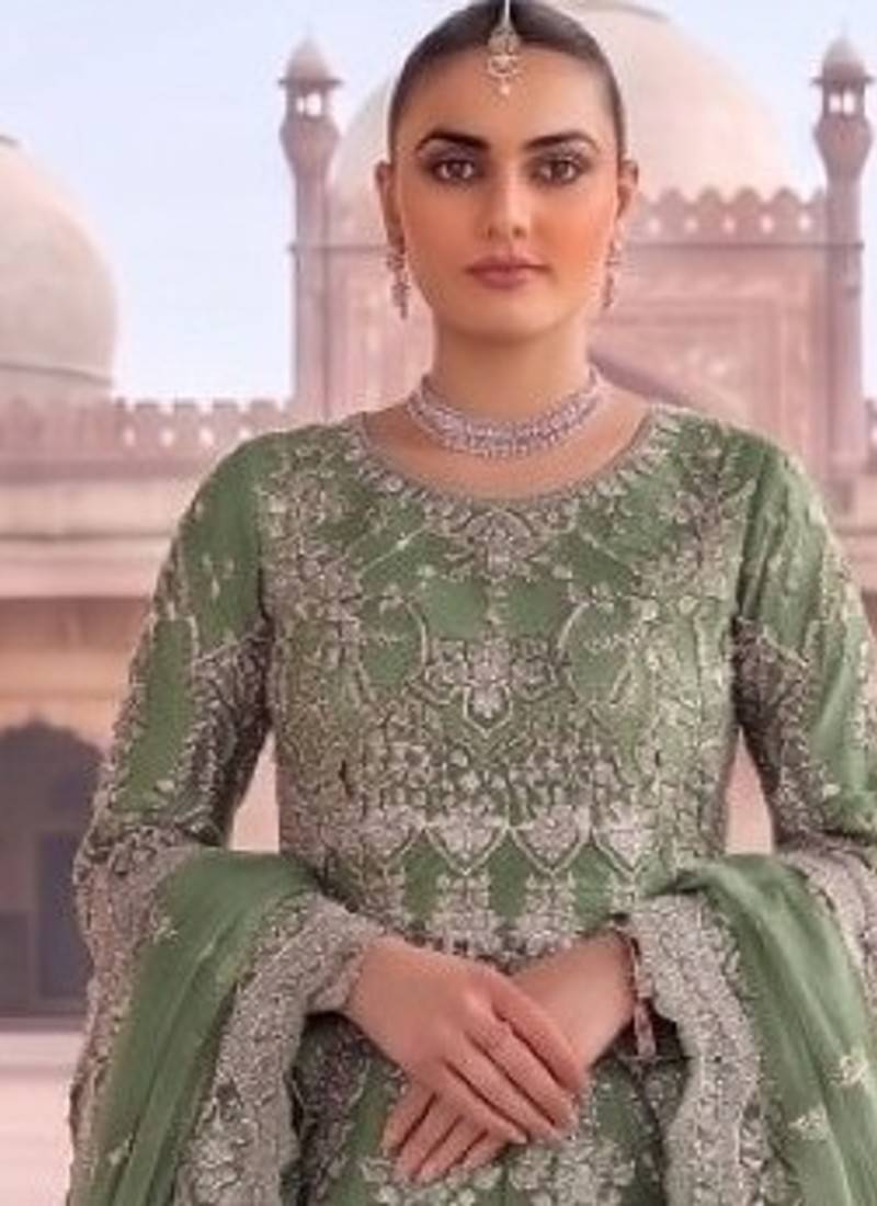 Green net semi stitched anarkali suit with embroidery & diamond work