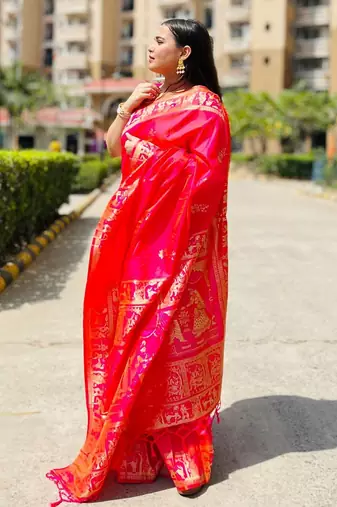 Pink silk blend woven zari work saree with blouse