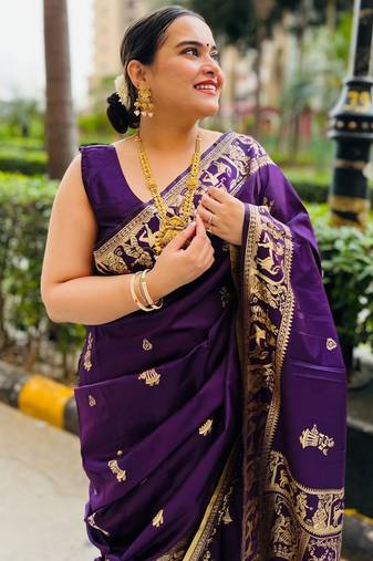 Purple silk blend woven zari work saree with blouse