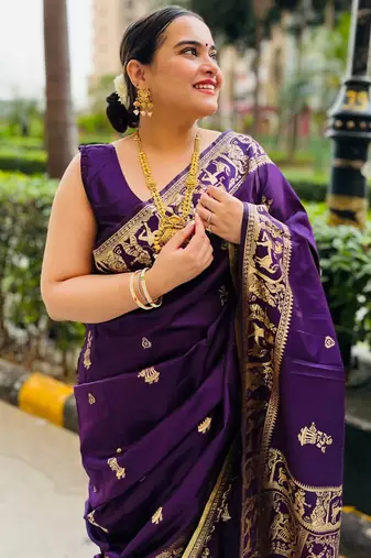 Purple silk blend woven zari work saree with blouse