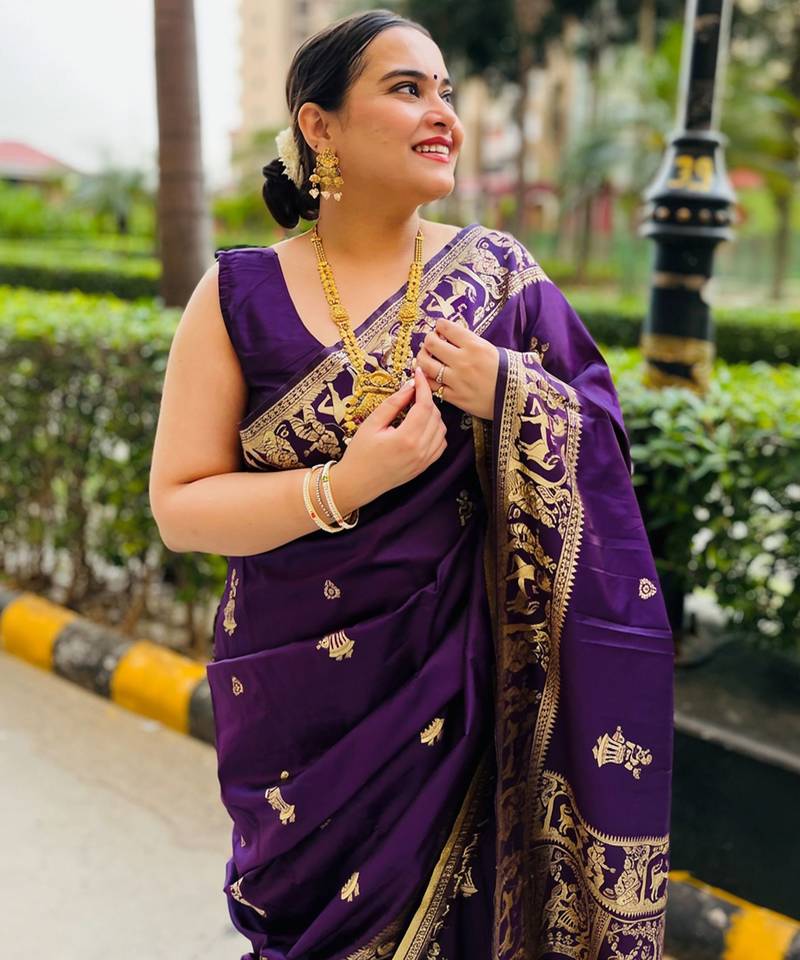 Purple silk blend woven zari work saree with blouse