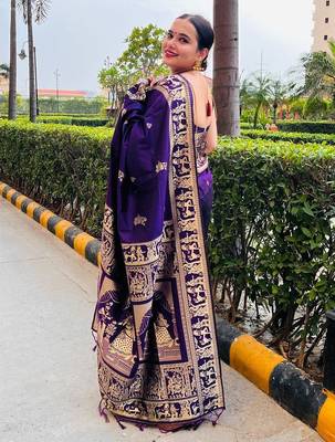 Purple silk blend woven zari work saree with blouse 2