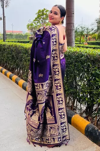 Purple silk blend woven zari work saree with blouse