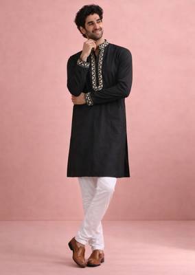 Black color rolex silk fabric designer kurta payjama for men 4