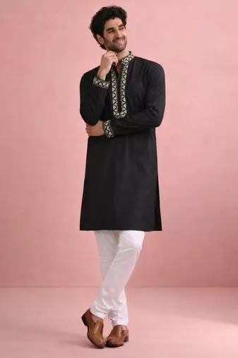 Black color rolex silk fabric designer kurta payjama for men