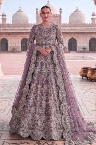 Lavender net semi stitched anarkali suit with embroidery & diamond work
