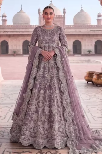 Lavender net semi stitched anarkali suit with embroidery & diamond work