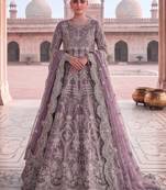 Lavender net semi stitched anarkali suit with embroidery & diamond work