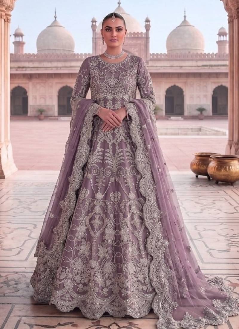 Lavender net semi stitched anarkali suit with embroidery & diamond work