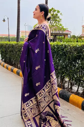 Purple silk blend woven zari work saree with blouse