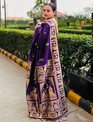 Purple silk blend woven zari work saree with blouse 4