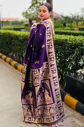 Purple silk blend woven zari work saree with blouse
