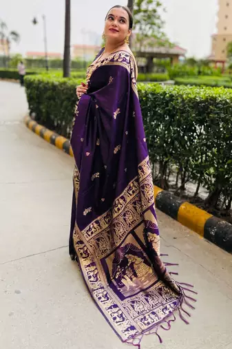 Purple silk blend woven zari work saree with blouse