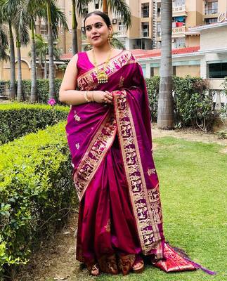 Magenta silk blend woven zari work saree with blouse 1