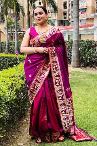 Magenta silk blend woven zari work saree with blouse
