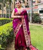Magenta silk blend woven zari work saree with blouse