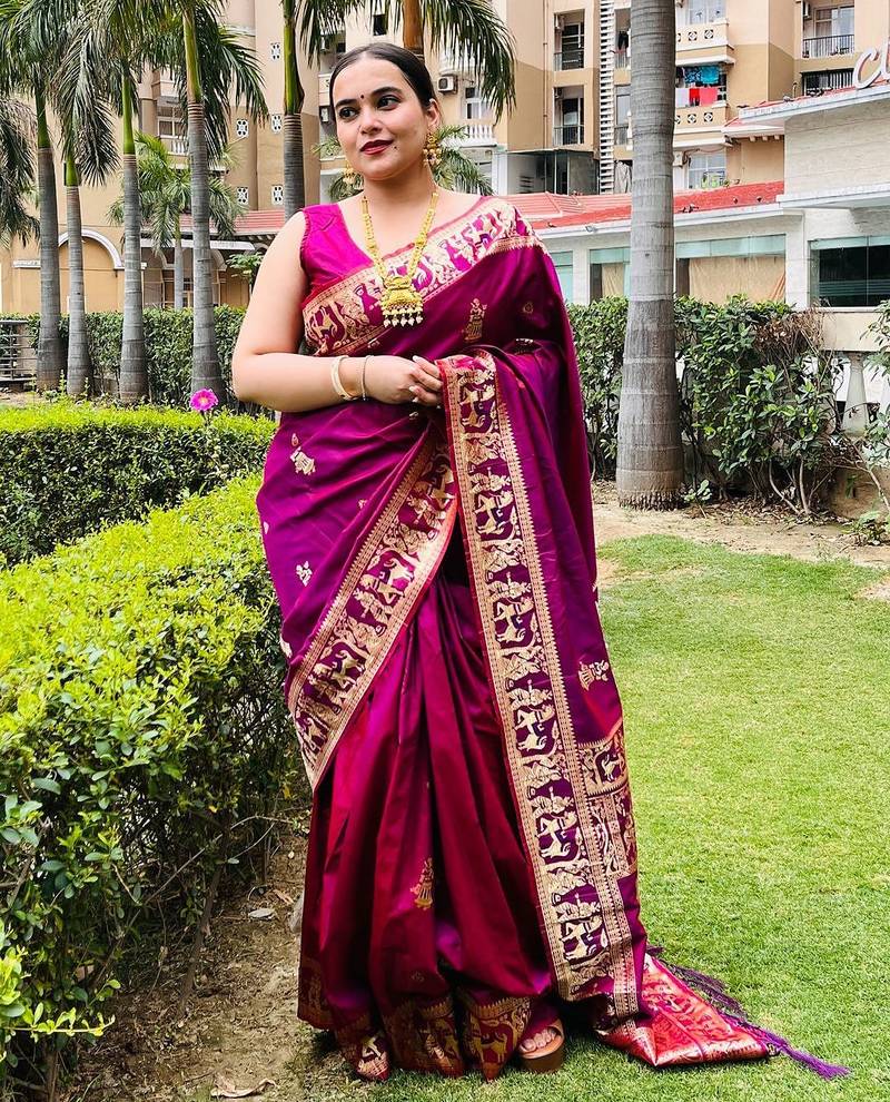 Magenta silk blend woven zari work saree with blouse