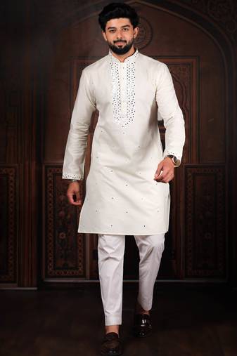 White color stylish cotton fabric ethnic traditional rich kurta payjama for men