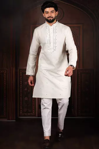 White color stylish cotton fabric ethnic traditional rich kurta payjama for men