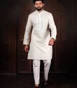 White color stylish cotton fabric ethnic traditional rich kurta payjama for men