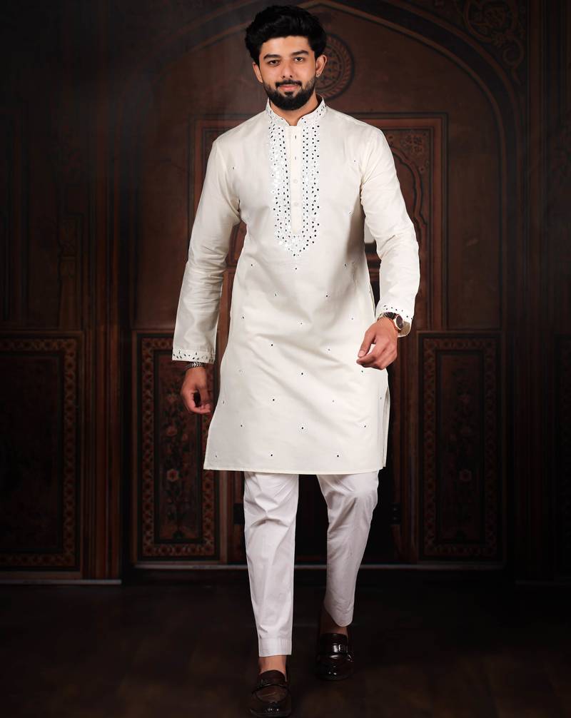 White color stylish cotton fabric ethnic traditional rich kurta payjama for men