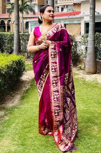 Magenta silk blend woven zari work saree with blouse
