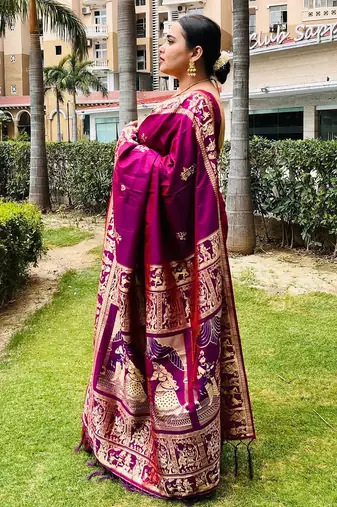 Magenta silk blend woven zari work saree with blouse