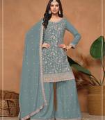 Blue vichitra silk semi stitched suit with embroidery & sequence work