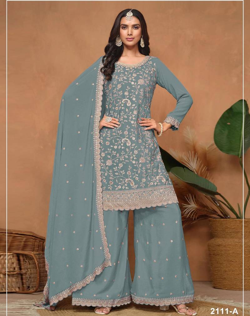 Blue vichitra silk semi stitched suit with embroidery & sequence work