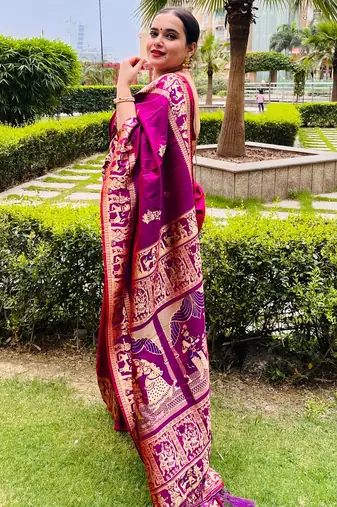 Magenta silk blend woven zari work saree with blouse