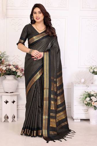 Black blended cotton woven zari work saree with blouse