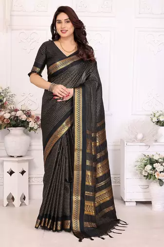 Black blended cotton woven zari work saree with blouse