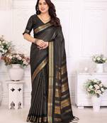Black blended cotton woven zari work saree with blouse