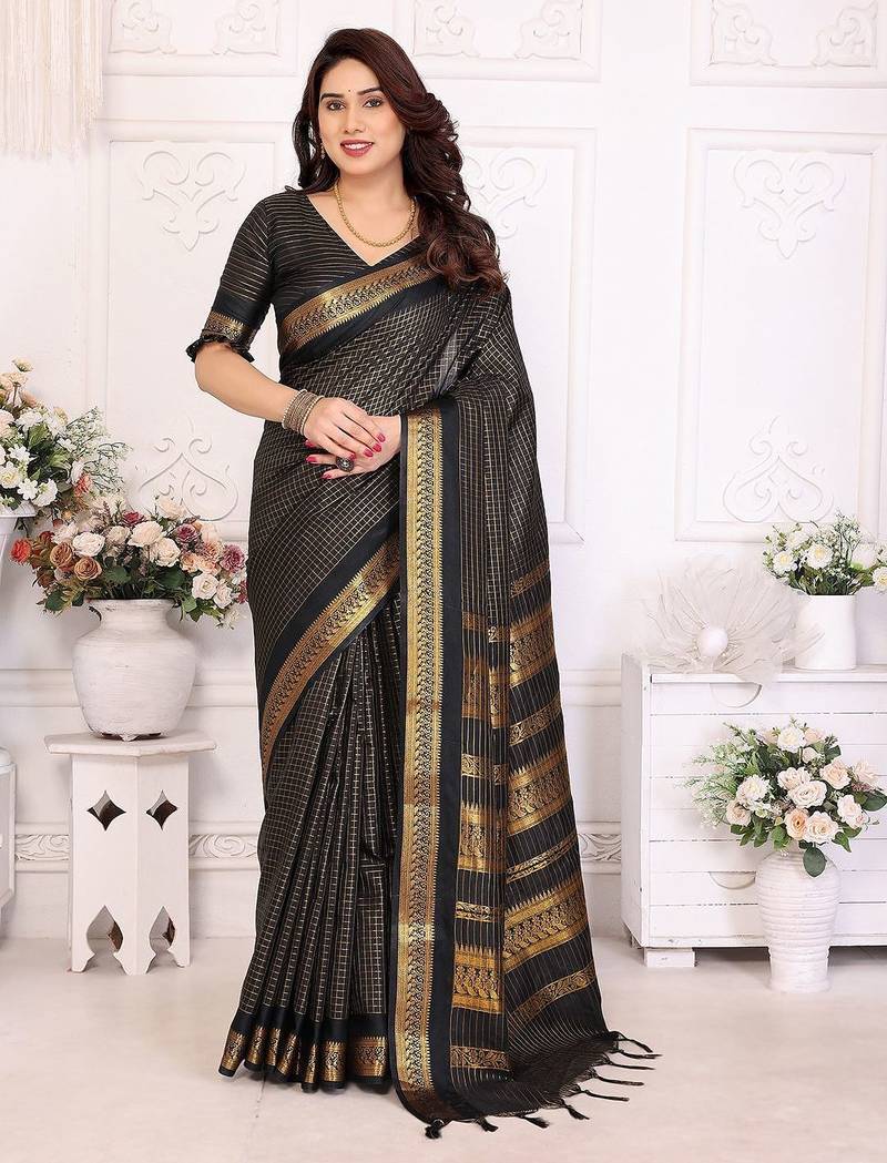Black blended cotton woven zari work saree with blouse