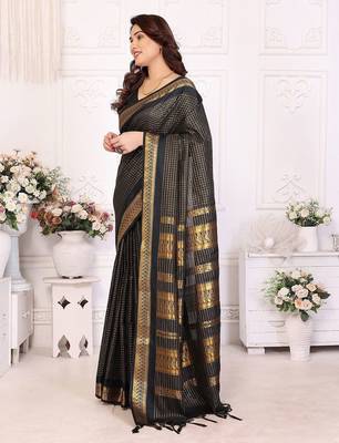 Black blended cotton woven zari work saree with blouse 2