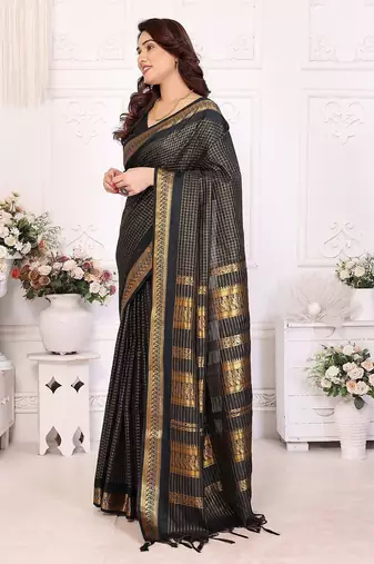 Black blended cotton woven zari work saree with blouse