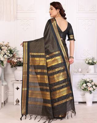 Black blended cotton woven zari work saree with blouse 3