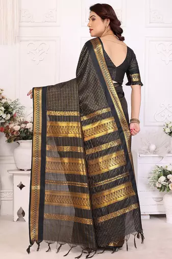 Black blended cotton woven zari work saree with blouse