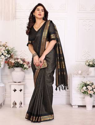 Black blended cotton woven zari work saree with blouse 4